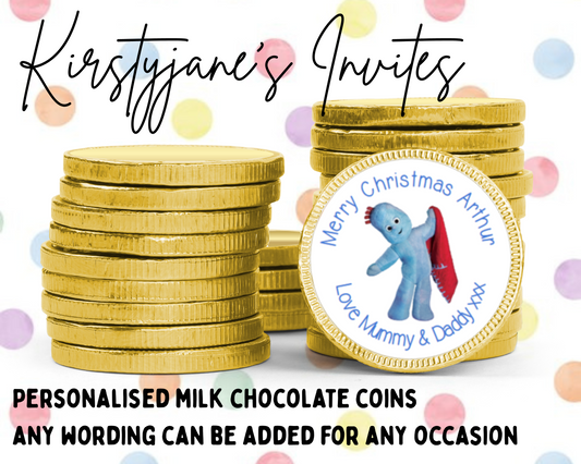 Personalised chocolate coins favours birthday party kids Boys Girls in the night garden iggle piggle