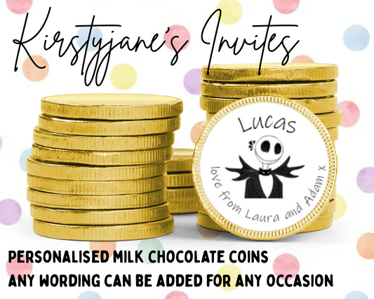 Personalised chocolate coins favours birthday party kids Boys Girls Nightmare before Christmas Jack Skellington