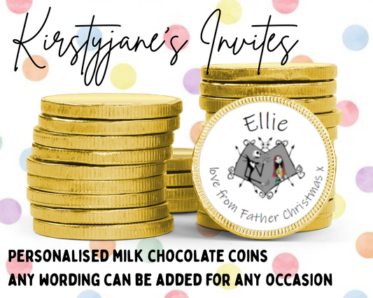 Personalised chocolate coins favours birthday party kids Boys Girls Nightmare before Christmas Jack Skellington