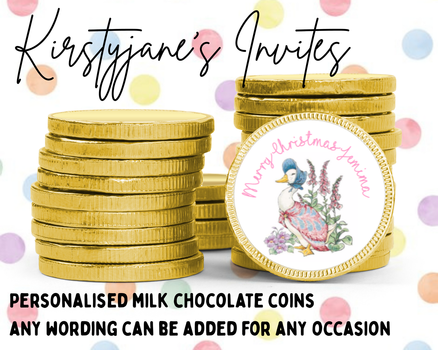 Personalised chocolate coins favours birthday party kids Boys Girls Peter Rabbit jemima puddleduck