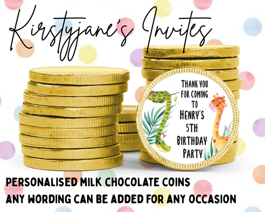 Personalised chocolate coins favours birthday party kids Boys Girls jungle snake giraffe
