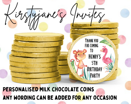 Personalised chocolate coins favours birthday party kids Boys Girls jungle monkey flamingo