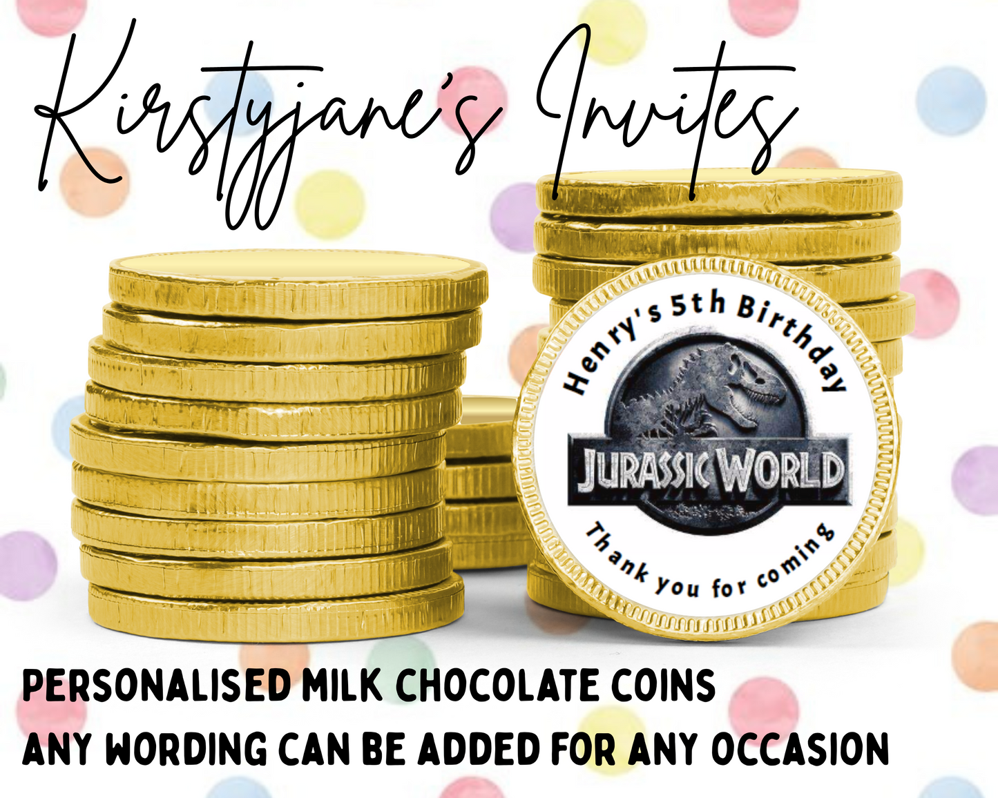 Personalised chocolate coins favours birthday party kids Boys Girls mens Jurassic world dinosaur