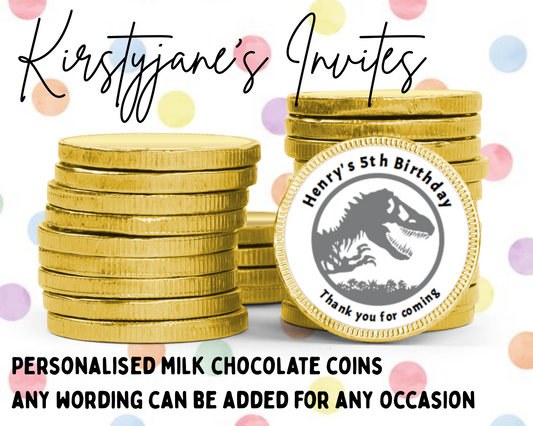 Personalised chocolate coins favours birthday party kids Boys Girls mens Jurassic world dinosaur