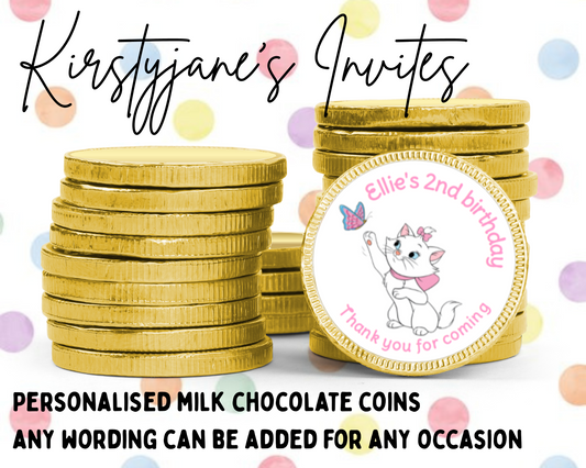 Personalised chocolate coins favours birthday party kids Boys Girls aristocats Marie Disney