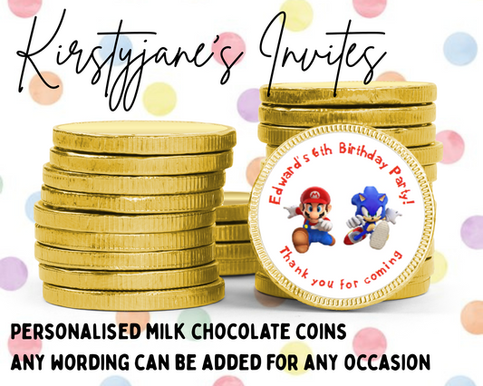 Personalised chocolate coins favours birthday party kids Boys Girls Sonic The Hedgehog Mario