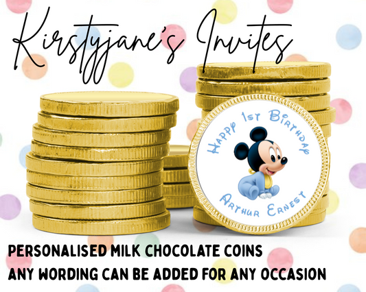 Personalised chocolate coins favours birthday party kids Boys Girls baby mickey mouse Disney 1st baby shower