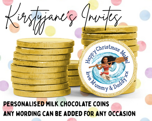 Personalised chocolate coins favours birthday party kids Boys Girls Disney moana