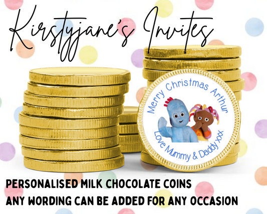 Personalised chocolate coins favours birthday party kids Boys Girls In the Night Garden Iggle Piggle Upsy Daisy