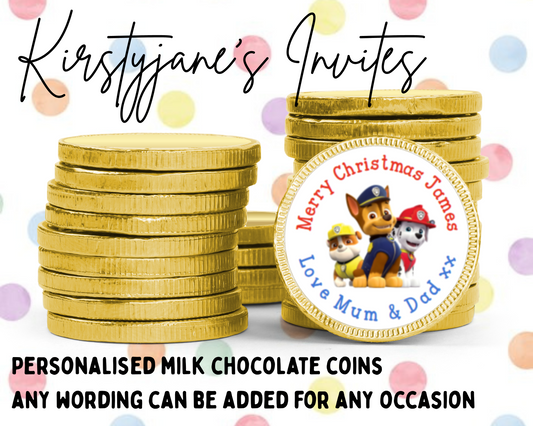 Personalised chocolate coins favours birthday party kids Boys Girls paw patrol
