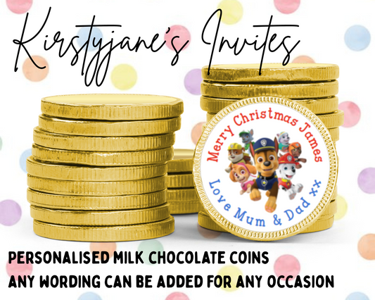 Personalised chocolate coins favours birthday party kids Boys Girls paw patrol