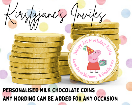Personalised chocolate coins favours birthday party kids Boys Girls peppa pig