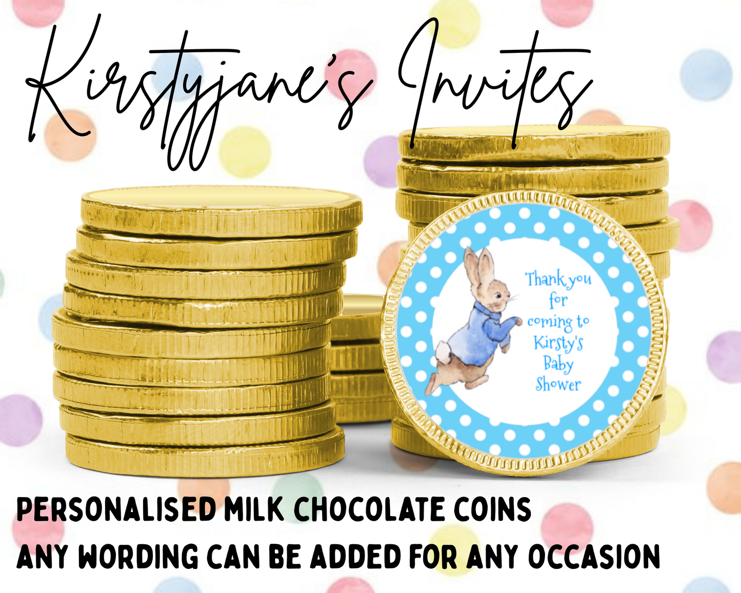 Personalised chocolate coins favours birthday party kids Boys Girls Peter Rabbit baby shower Christening