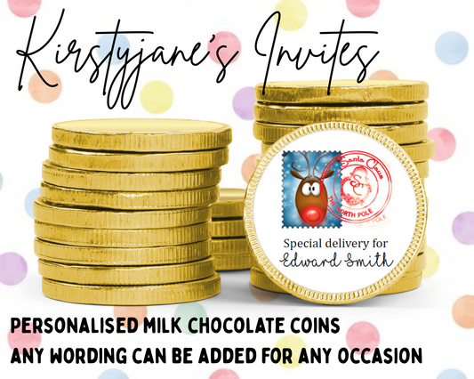 Personalised chocolate coins favours birthday party kids Boys Girls Christmas school teachers special delivery north pole reindeer elf on a shelf