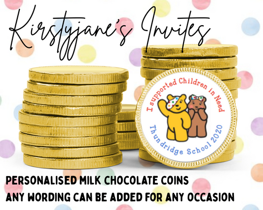 Personalised chocolate coins favours birthday party kids Boys Girls children in need pudsey bear