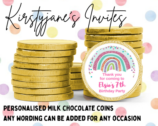 Personalised chocolate coins favours birthday party kids Boys Girls rainbow
