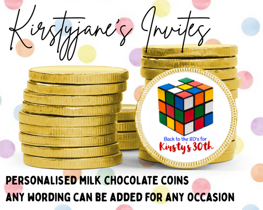 Personalised chocolate coins favours birthday party kids Boys Girls Womens mens 1980 80s rubix cube