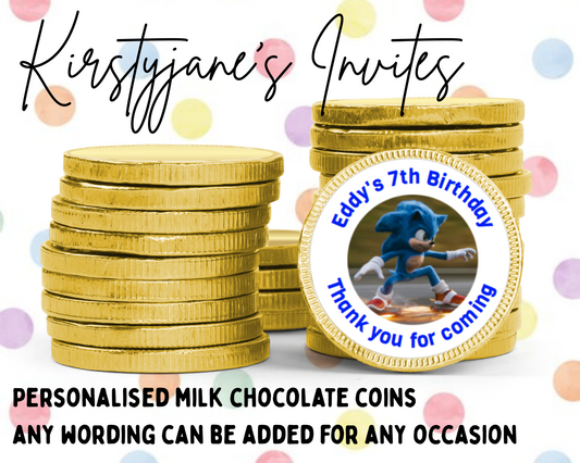 Personalised chocolate coins favours birthday party kids Boys Girls Sonic The Hedgehog