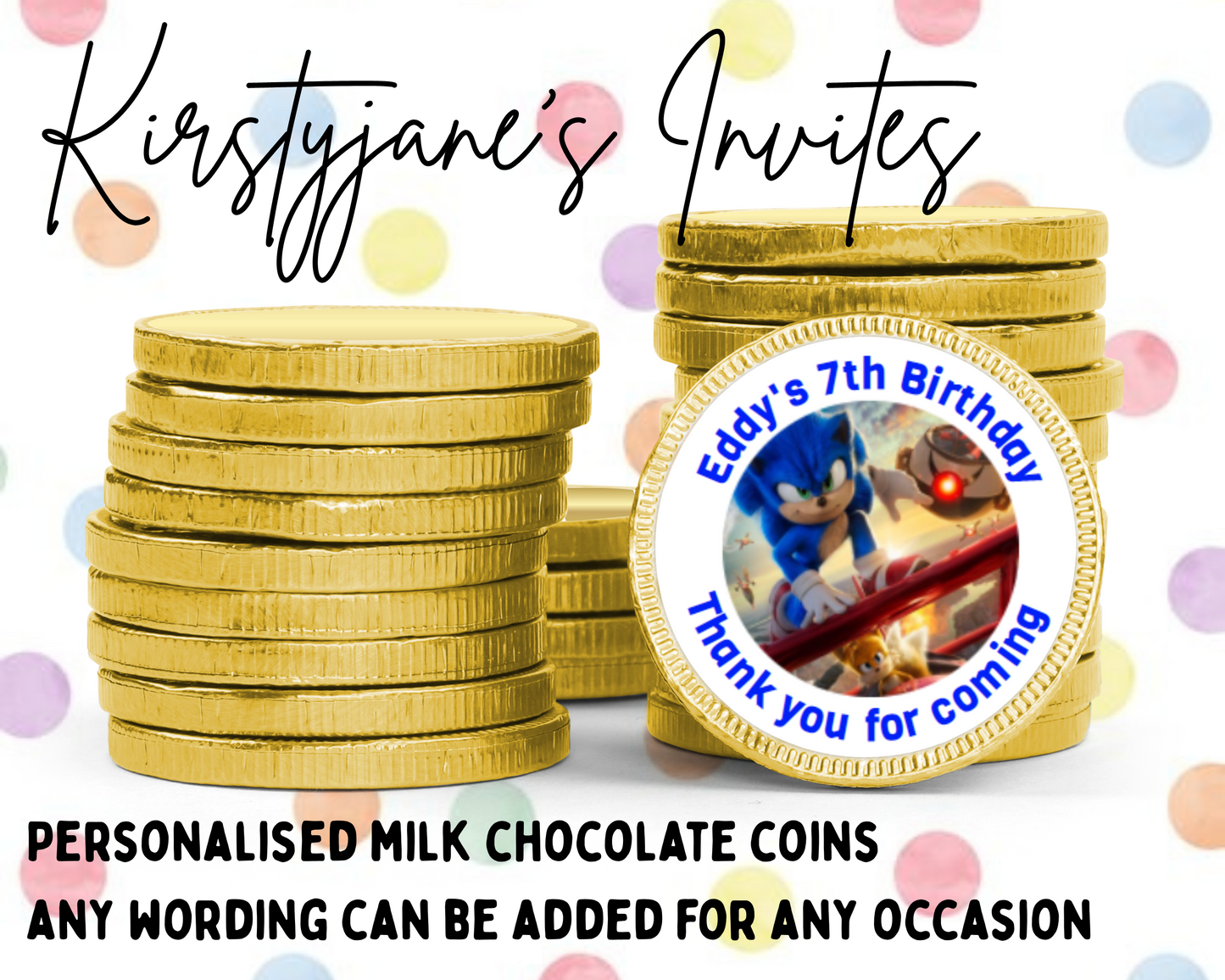 Personalised chocolate coins favours birthday party kids Boys Girls Sonic The Hedgehog