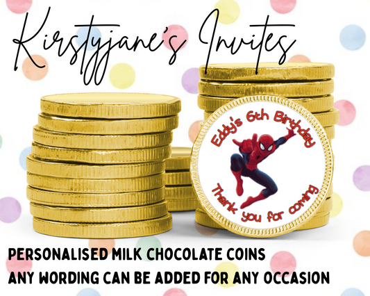 Personalised chocolate coins favours birthday party kids Boys girls spiderman super hero