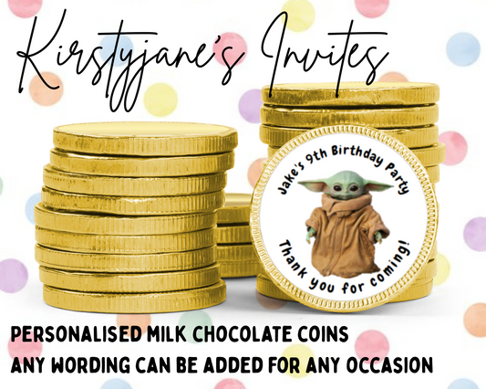 Personalised chocolate coins favours birthday party kids Boys girls Star wars grogu baby yoda men's women's