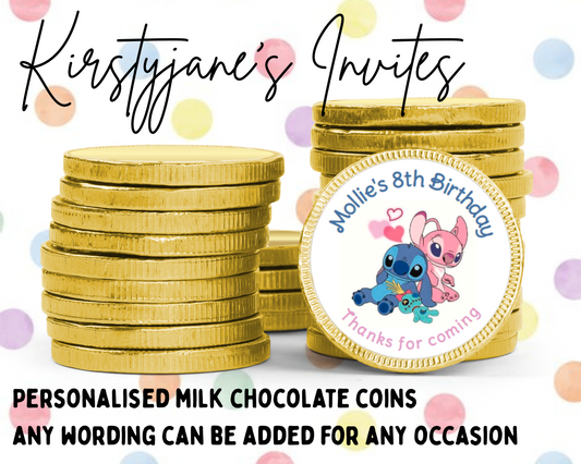 Personalised chocolate coins favours birthday party kids Boys girls Disney Stitch