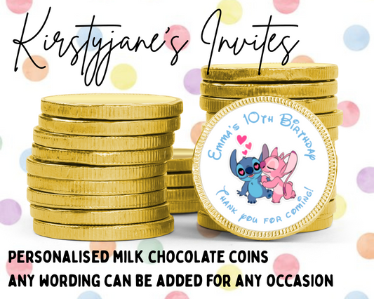 Personalised chocolate coins favours birthday party kids Boys girls Disney Stitch