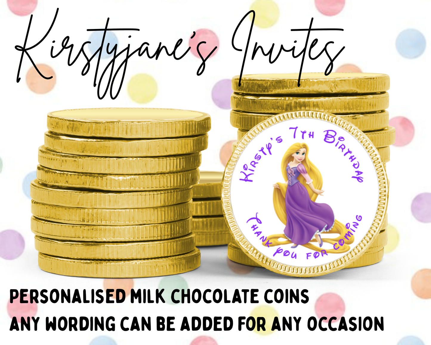 Personalised chocolate coins favours birthday party kids Boys girls Disney Tangled