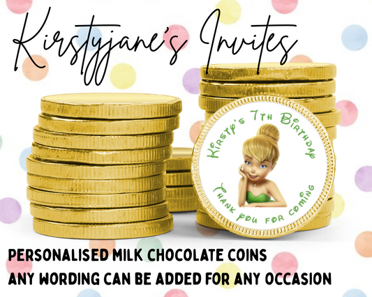 Personalised chocolate coins favours birthday party kids Boys girls Tinkerbell Disney fairy