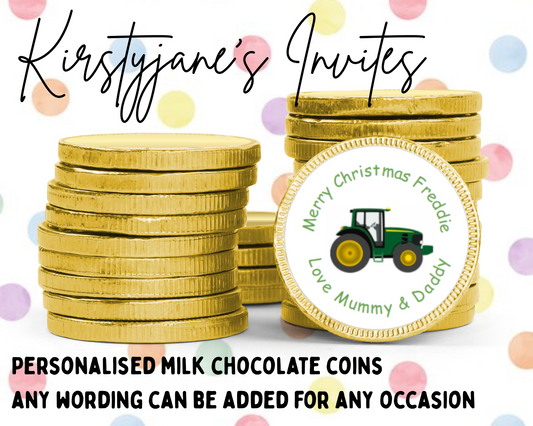 Personalised chocolate coins favours birthday party kids Boys girls Tractor