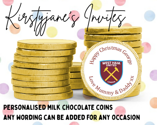 Personalised chocolate coins favours birthday party kids Boys girls West Ham Hammers