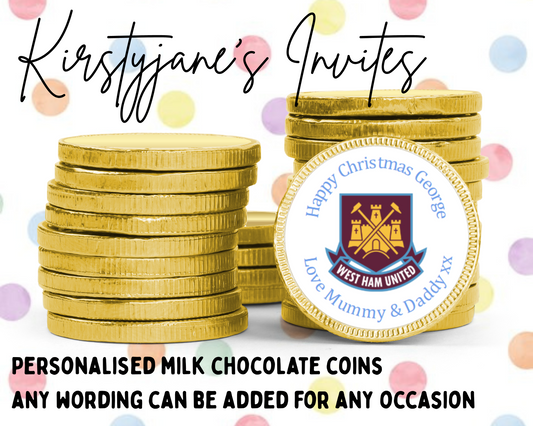Personalised chocolate coins favours birthday party kids Boys girls West Ham Hammers