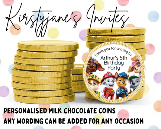 Personalised chocolate coins favours birthday party kids Boys girls paw patrol