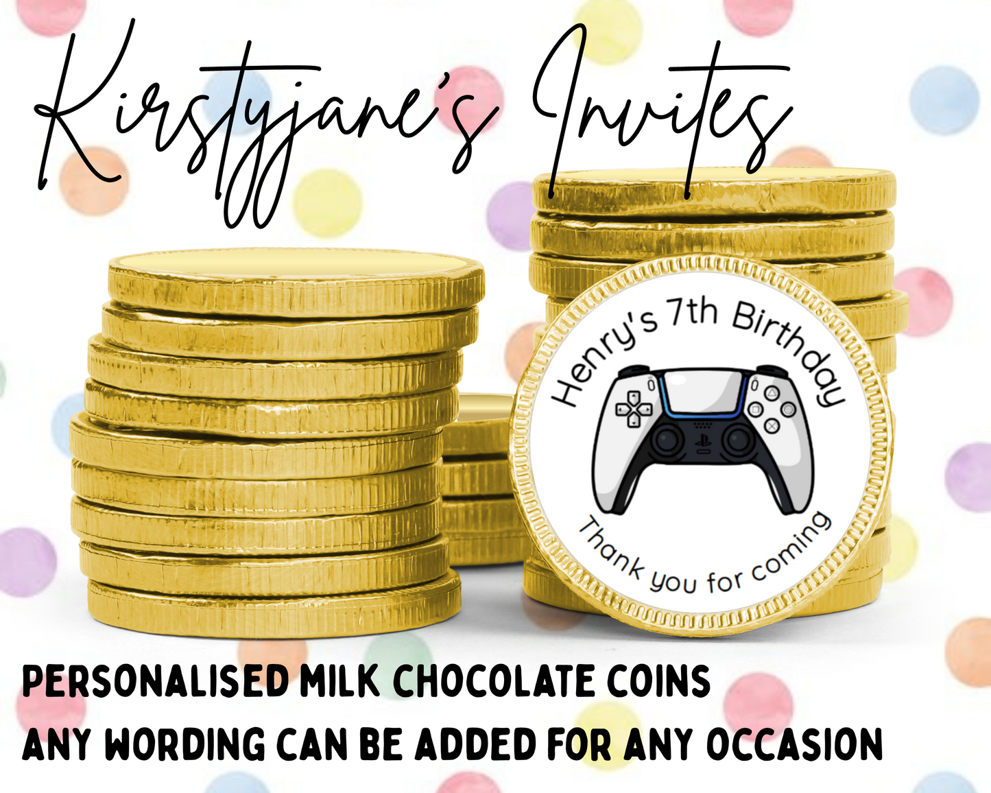 Personalised chocolate coins favours birthday party kids Boys girls gaming PS5 controller
