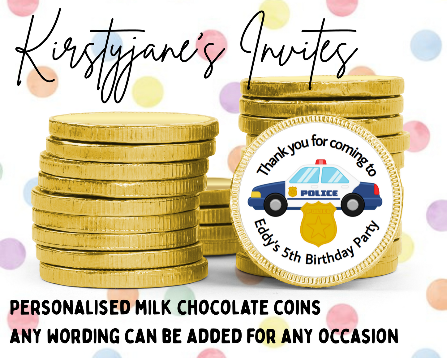 Personalised chocolate coins favours birthday party kids Boys girls police car