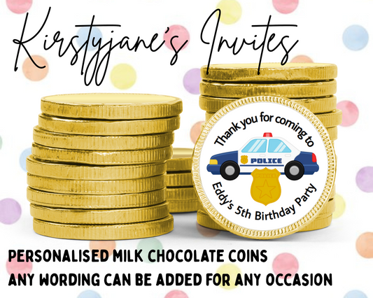Personalised chocolate coins favours birthday party kids Boys girls police car