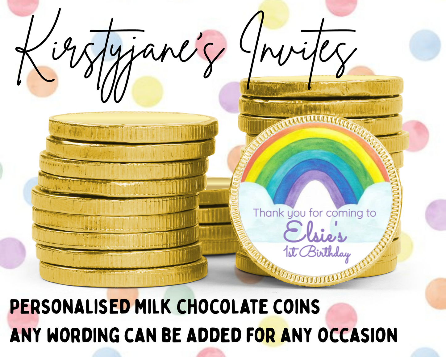 Personalised chocolate coins favours birthday party kids Boys girls rainbow