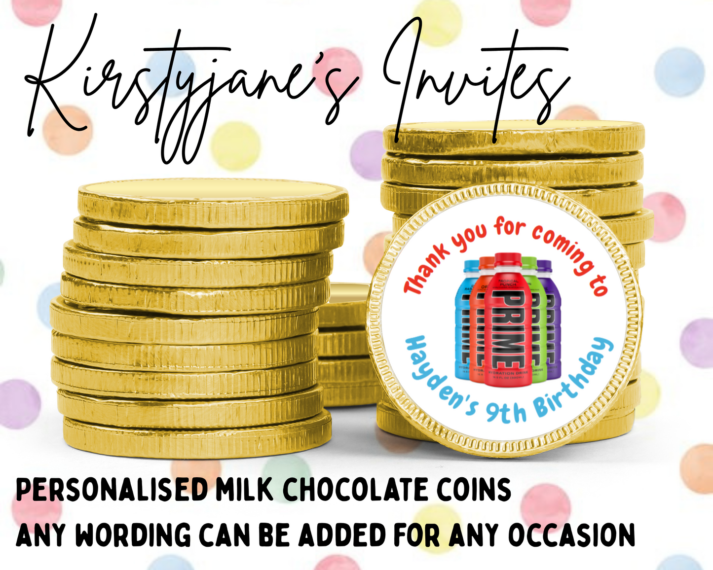 Personalised chocolate coins favours birthday party kids Boys girls prime