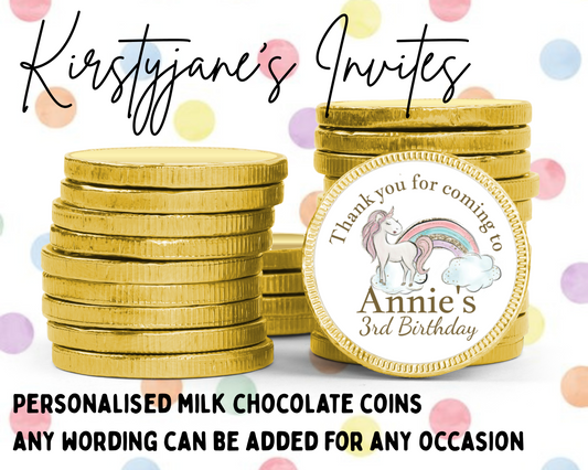Personalised chocolate coins favours birthday party kids Boys girls rainbow unicorn