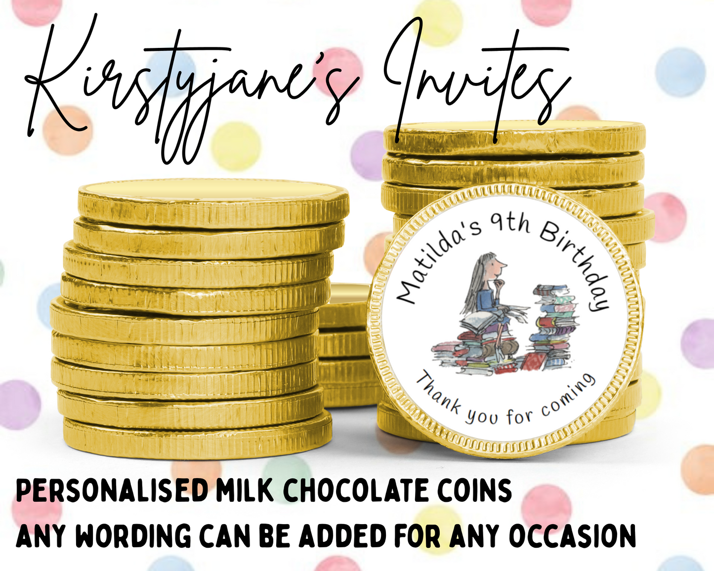 Personalised chocolate coins favours birthday party kids Boys girls Roald dahl matilda