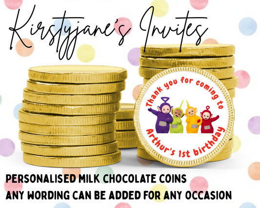 Personalised chocolate coins favours birthday party kids Boys girls teletubbies lala dipsy po tinky winky