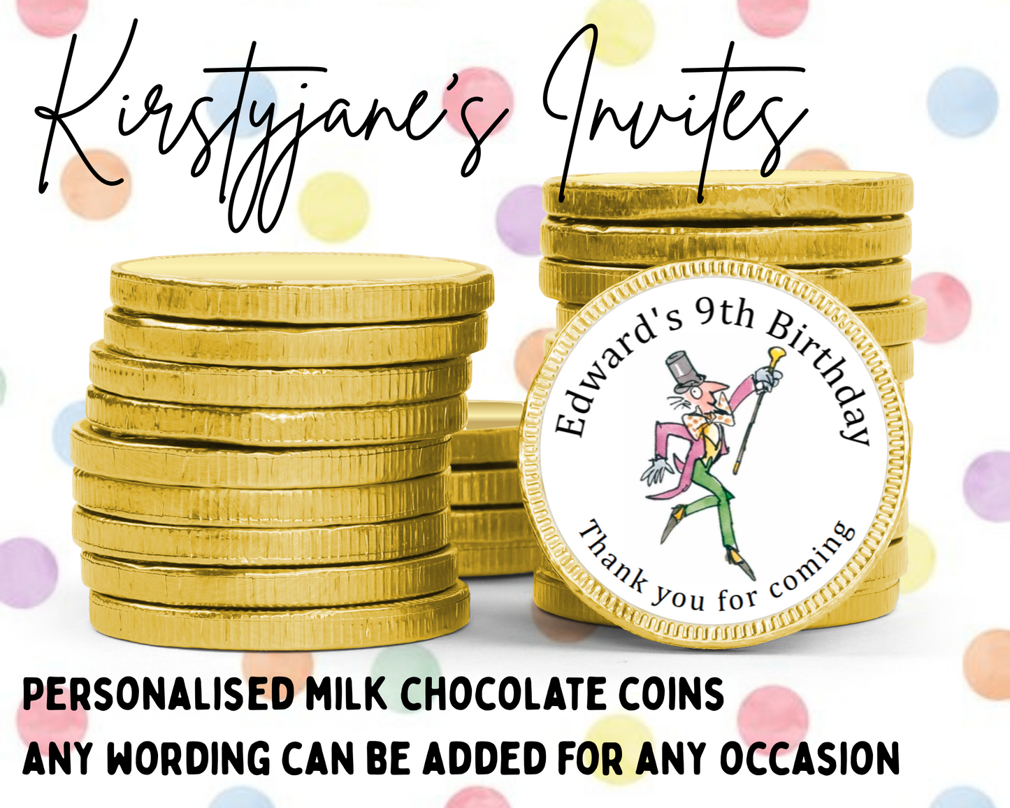 Personalised chocolate coins favours birthday party kids Boys girls Roald dahl willy wonka