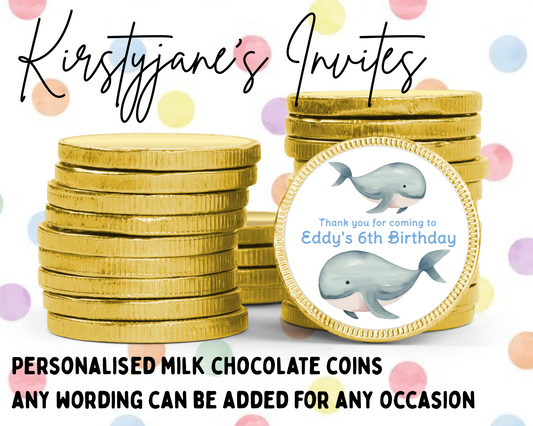 Personalised chocolate coins favours birthday party kids Boys girls whale sea nautical