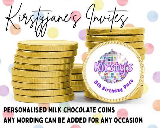 Personalised chocolate coins favours birthday party kids Boys girls womens disco discoball
