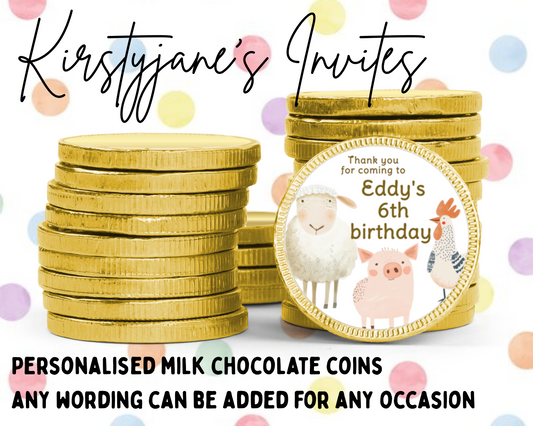 Personalised chocolate coins favours birthday party kids Boys girls 1st animals farm farmyard pig sheep chicken