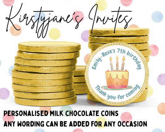Personalised chocolate coins favours birthday party girls boys kids womens mens adults any age cake