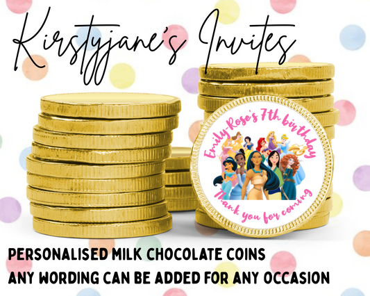 Personalised chocolate coins favours birthday party girls boys kids disney princesses princess