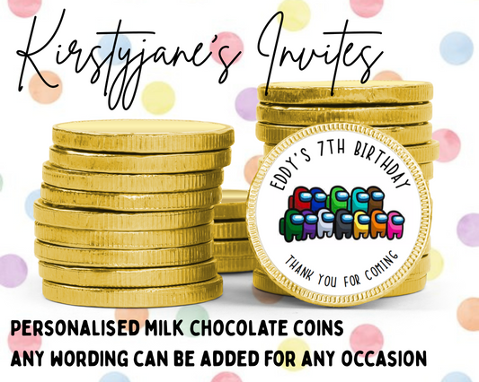 Personalised chocolate coins favours birthday party girls boys kids among us imposter
