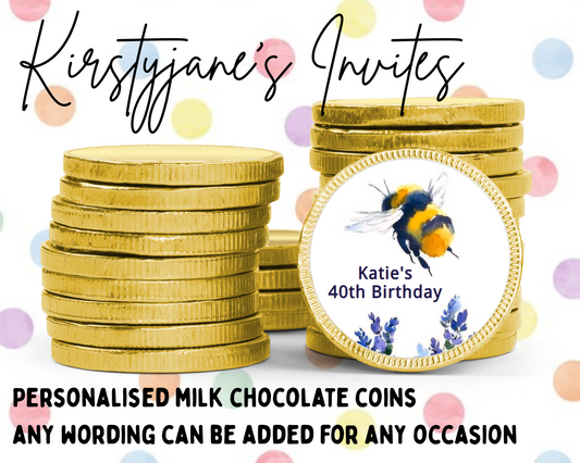 Personalised chocolate coins favours birthday party girls boys kids baby shower Christening adults Bumble bee