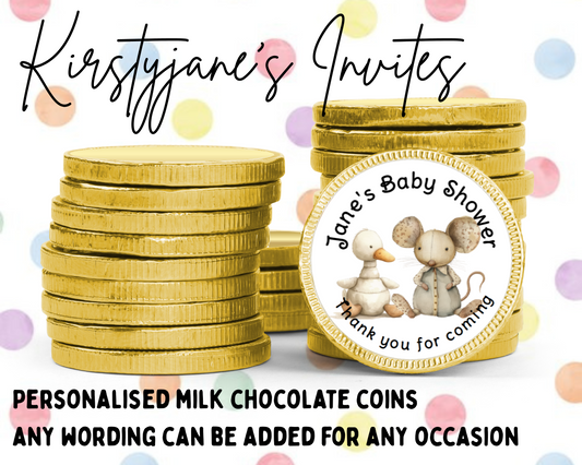 Personalised chocolate coins favours birthday party girls boys kids baby shower Christening duck mouse cute